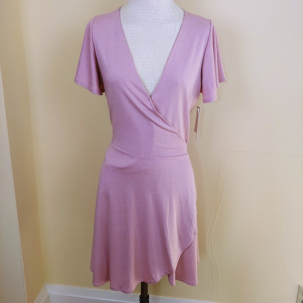 Design Lab Light Pink Flutter Sleeve Wrap Dress